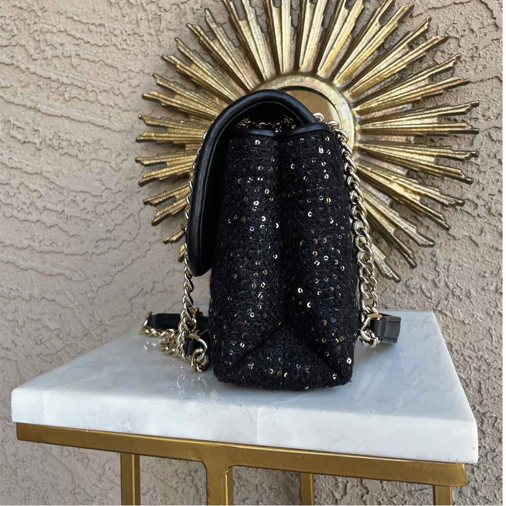 KATE SPADE Black & Gold Quilted Sequin Flap Chain Crossbody Shoulder Bag Purse - Picture 7 of 15